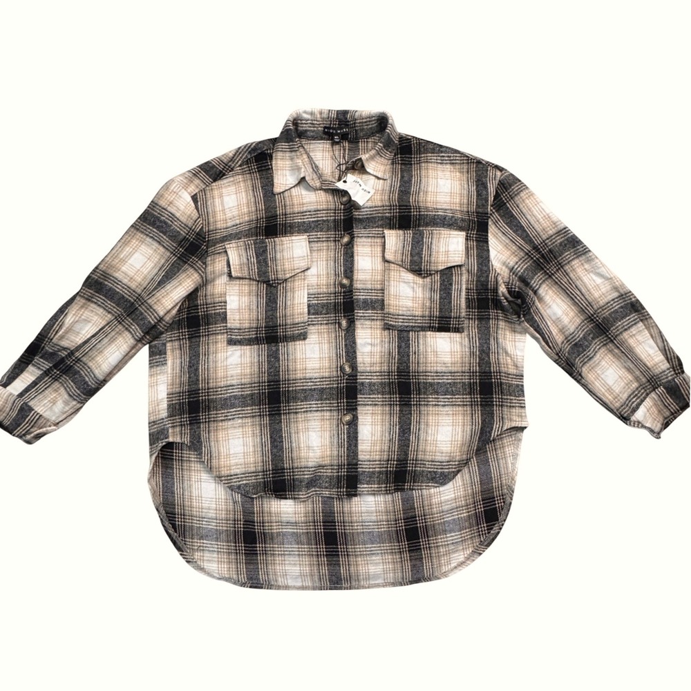 MIOU MUSE Plaid Flannel Shacket Button Down Shirt Womens M L Beige Brown